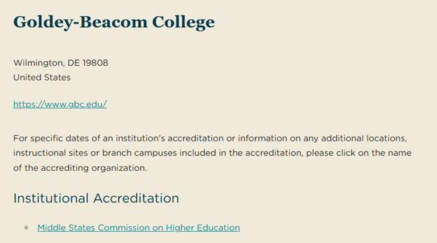 A screenshot of Goldey-Beacom College's accreditation status according to the Council of Higher Education Accreditation. 