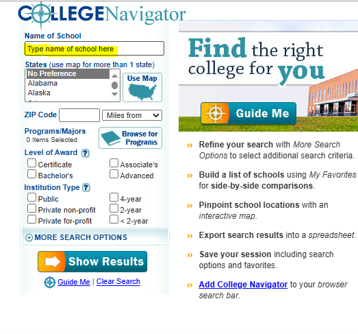 To search for a school, simply put its name in the editable search box. You can also narrow your search results down to states and zip code if you are researching schools in a specific region or locality. You can also filter results by the level of awards offered at an institution and the institution type. Goldey-Beacom’s landing page on College Navigator will look like this: