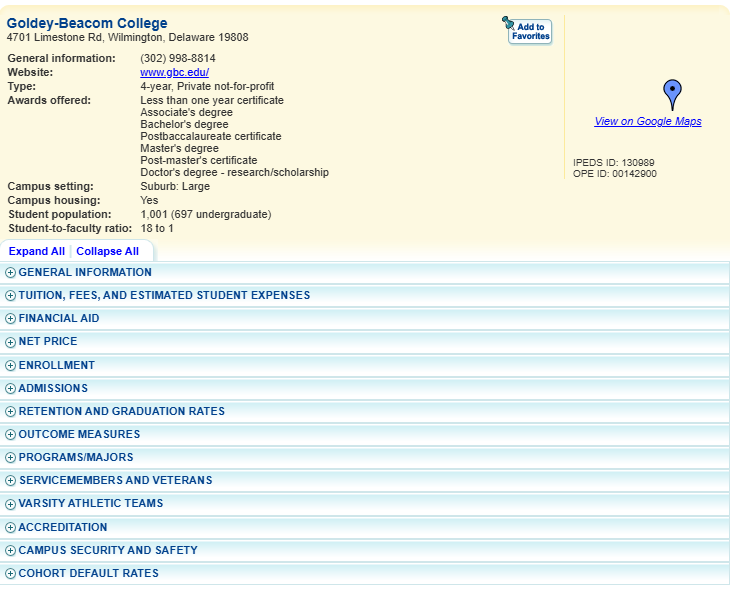 You can also filter results by the level of awards offered at an institution and the institution type. Goldey-Beacom’s landing page on College Navigator will look like this: