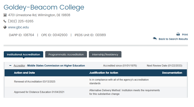 A screenshot of Goldey-Beacom College's accreditation status according to the Database of Accredited Postsecondary Institutions and Programs. 