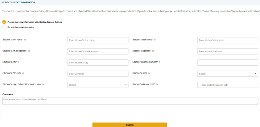 Step 6: Complete the student contact information. Although it’s optional, it’s useful if you want to share your information with the College so we can start chatting with you about what a Goldey-Beacom College looks like.