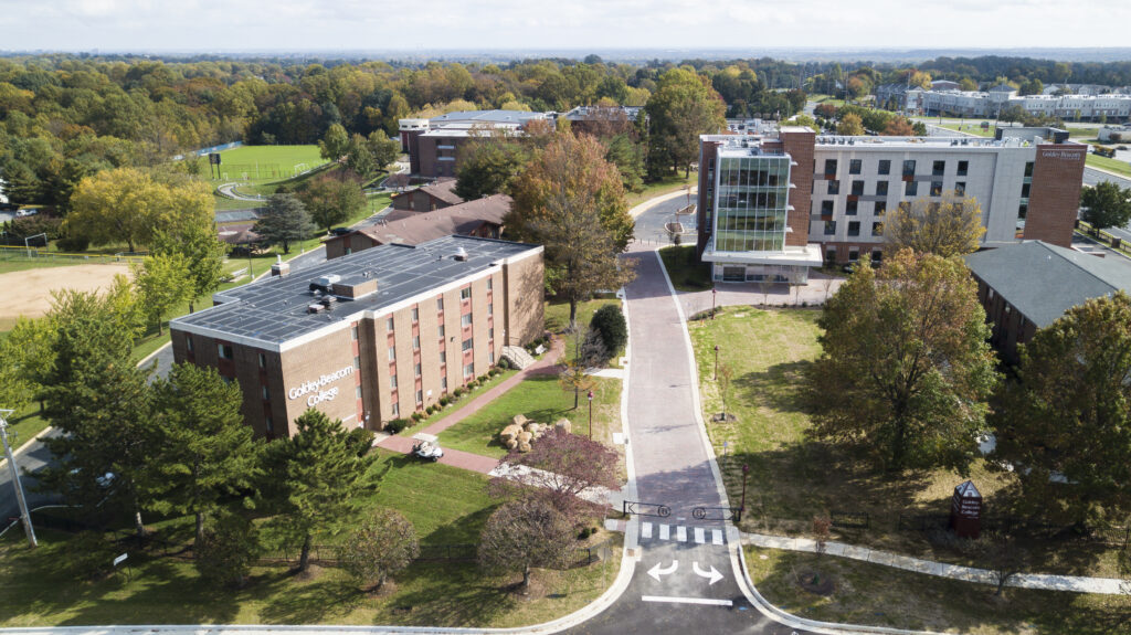 A drone photo showing an aerial view of the Goldey-Beacom College campus