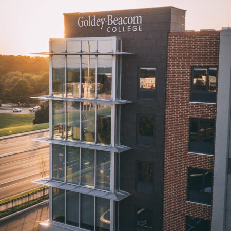 Drone photo of Franta Hall at sunset